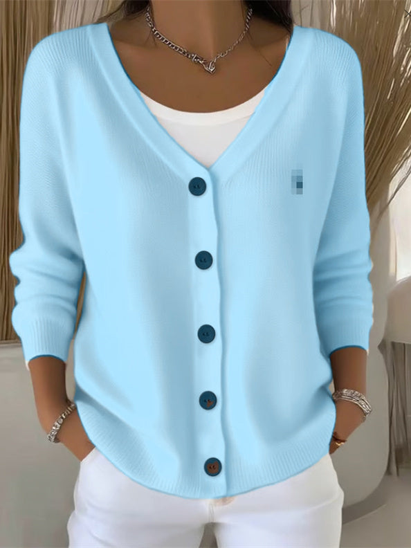 Langarm V-Ausschnitt Knopf Pullover Damen w kolorze Niebieski
