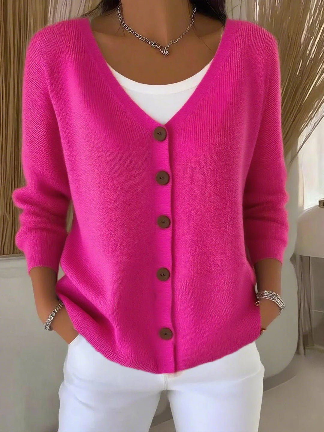 Langarm V-Ausschnitt Knopf Pullover Damen w kolorze Rosa Rot