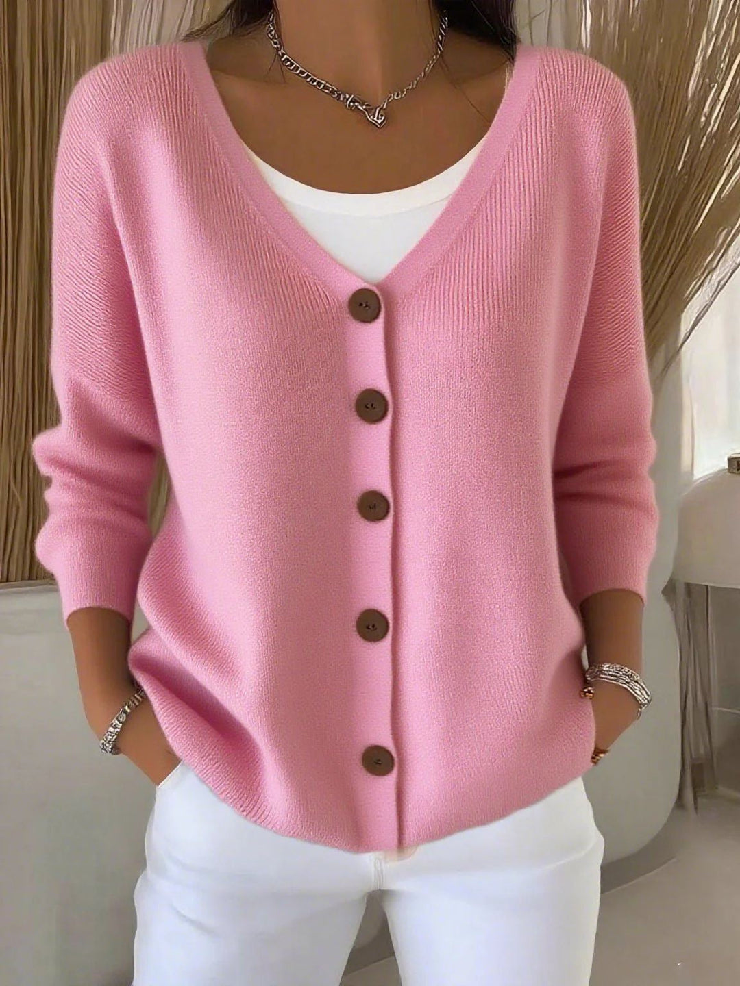 Langarm V-Ausschnitt Knopf Pullover Damen w kolorze Różowy