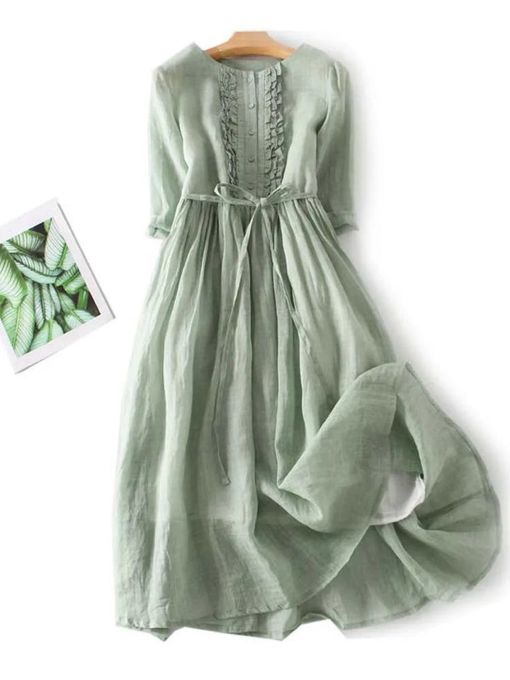 Leinenkleid mit Falten-Detail Sofia Linen w kolorze Zielony