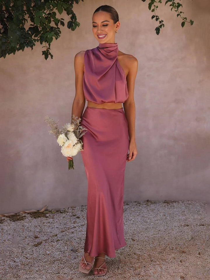 Damski elegancki komplet na letnie wesele w kolorze Raspberry