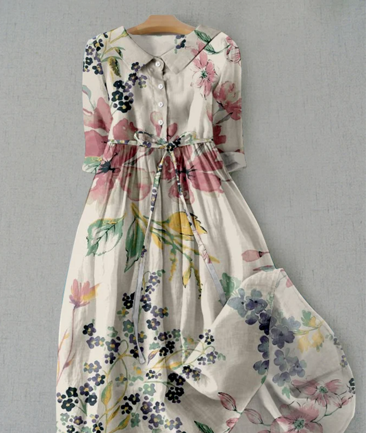 London | Linen dress with floral w kolorze Biały