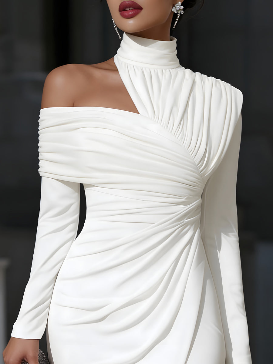 Shoulder Evening Dress Asymmetric Draped Elegant (2)