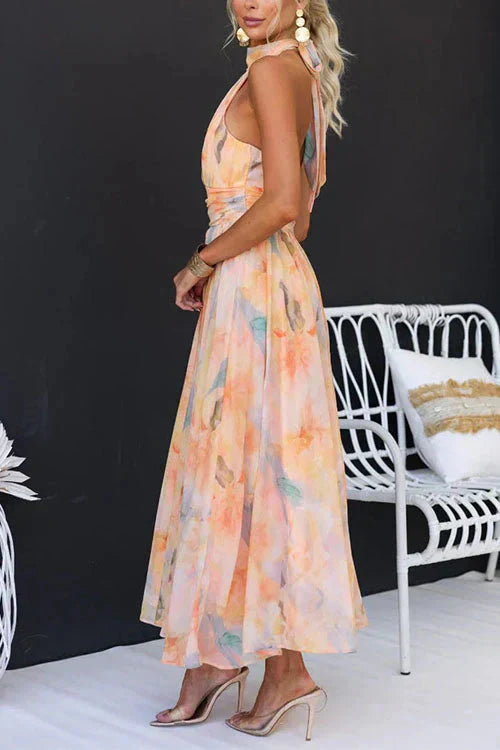 Stella | Damska letnia sukienka maxi w akwarelowe kwiaty z dekoltem halter foto 5