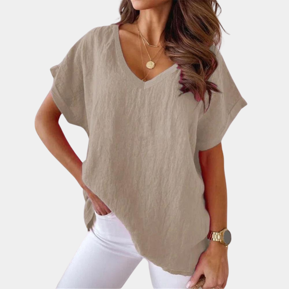V-Ausschnitt-Leinenbluse mit lockerer Passform Mailin w kolorze Khaki 2