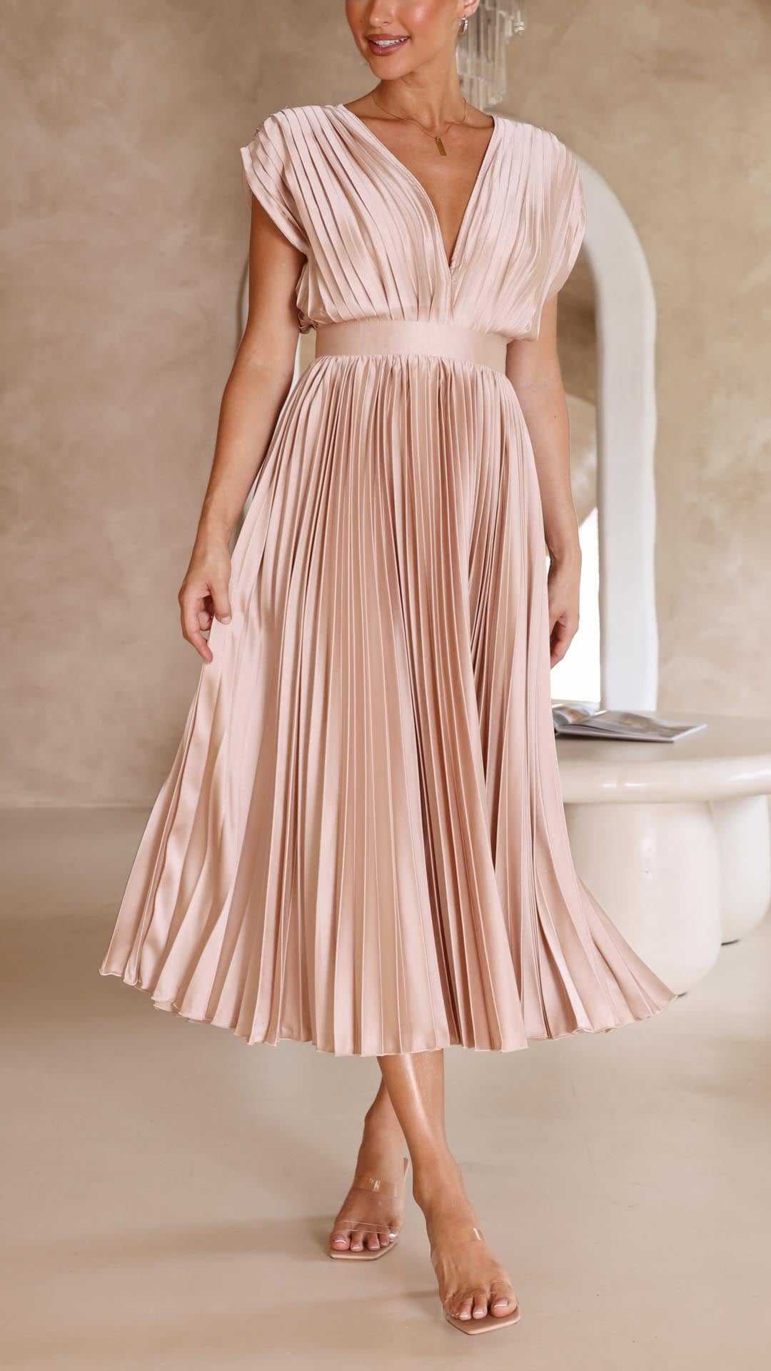 Women's Pleated V Neck Midi w kolorze Beżowy