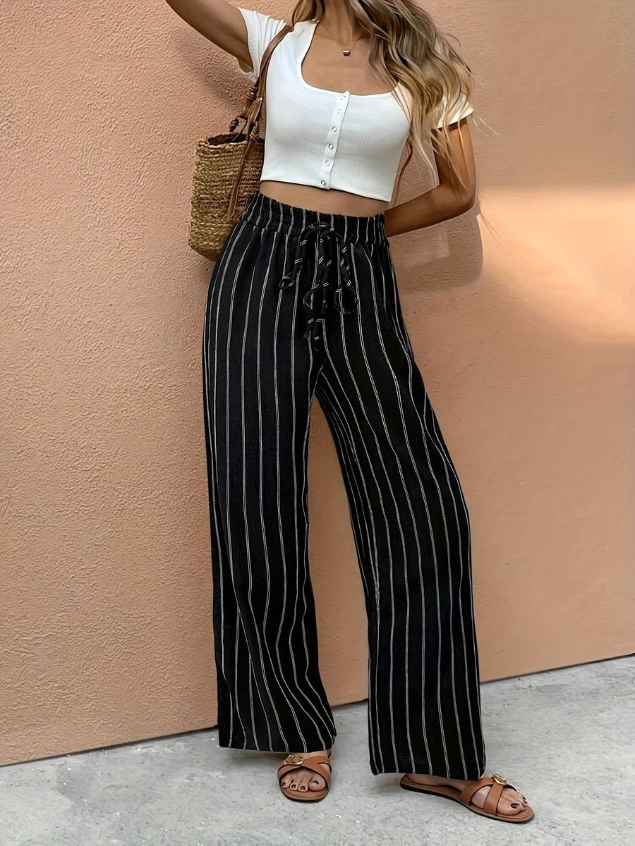 Women's Striped High-Waist Drawstring Wide w kolorze Czarny